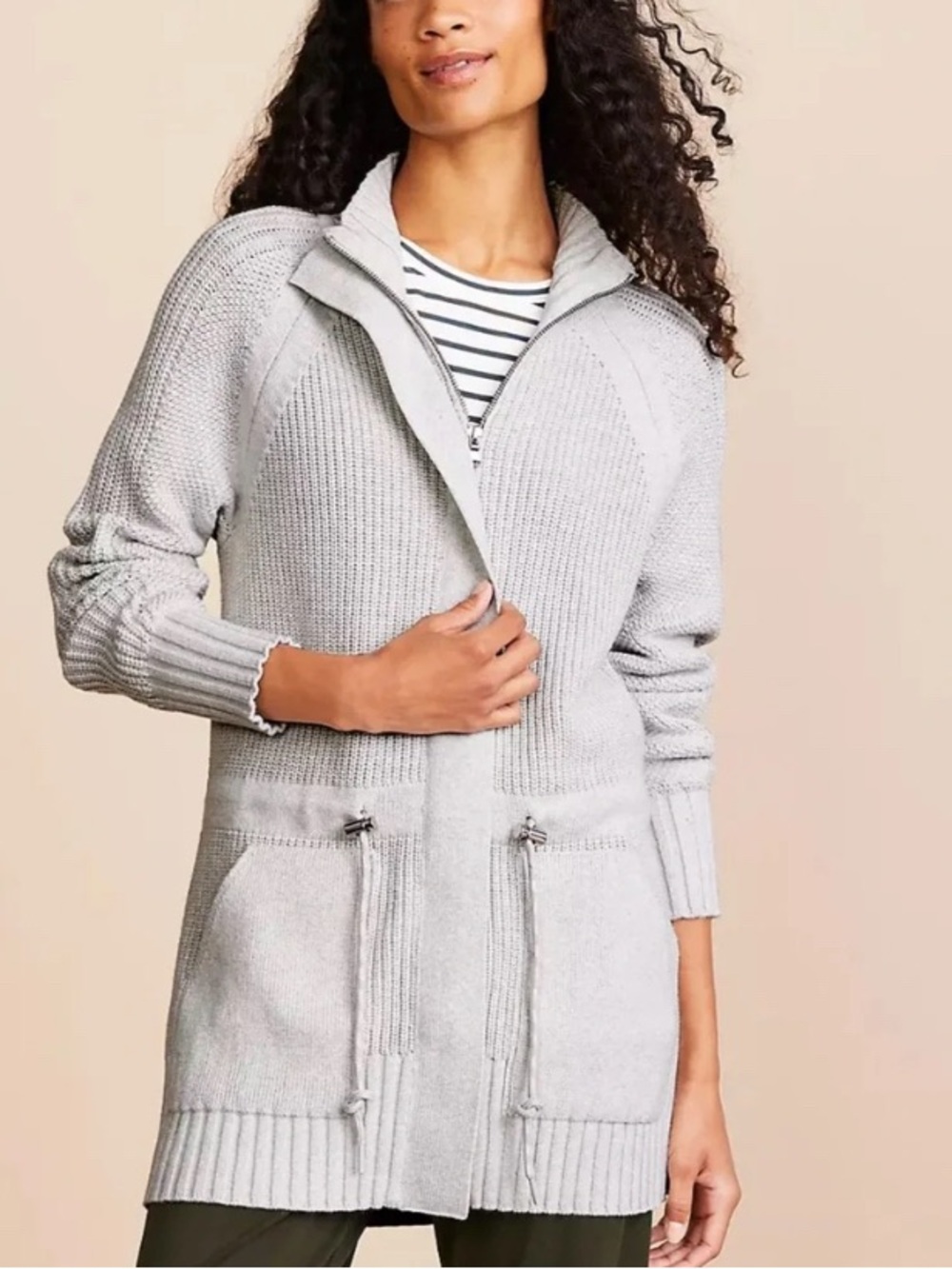 Lou & Grey Gray 100% Cotton Chunky Knit Cinch Waist Zip Cardigan